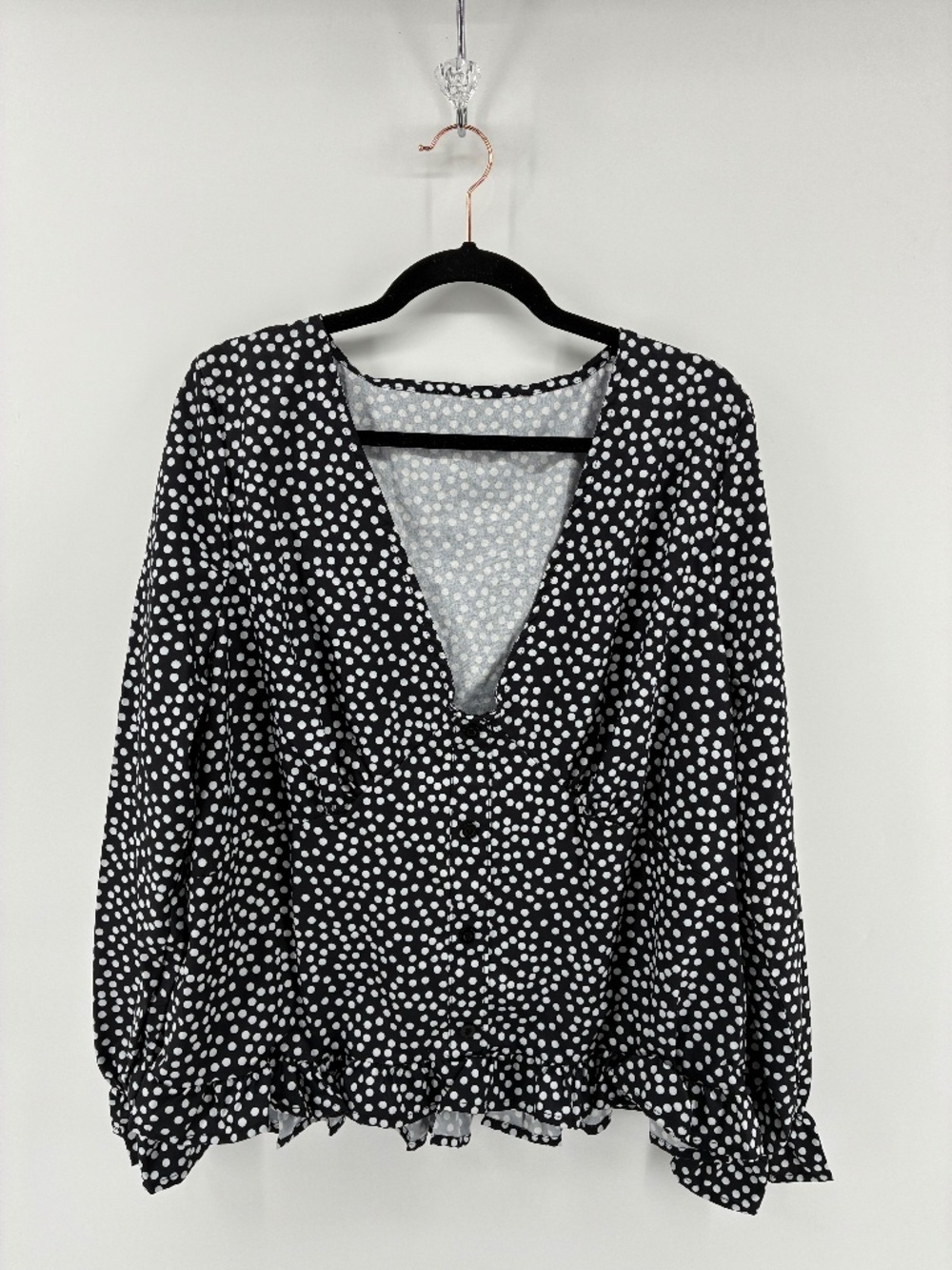 MASSIVE $10 SALE Long Sleeve Ruffle Details V-Neck Polka Dot Blouse Buttons
